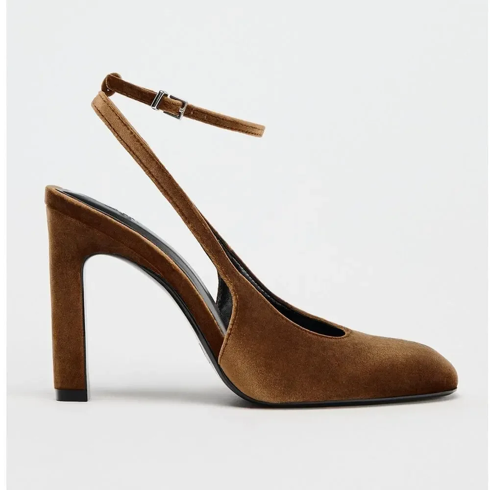 Zara NWT Brown Ocher Velvet Ankle Strap Rounded Toe High Heel Pumps 8 - Picture 12 of 16